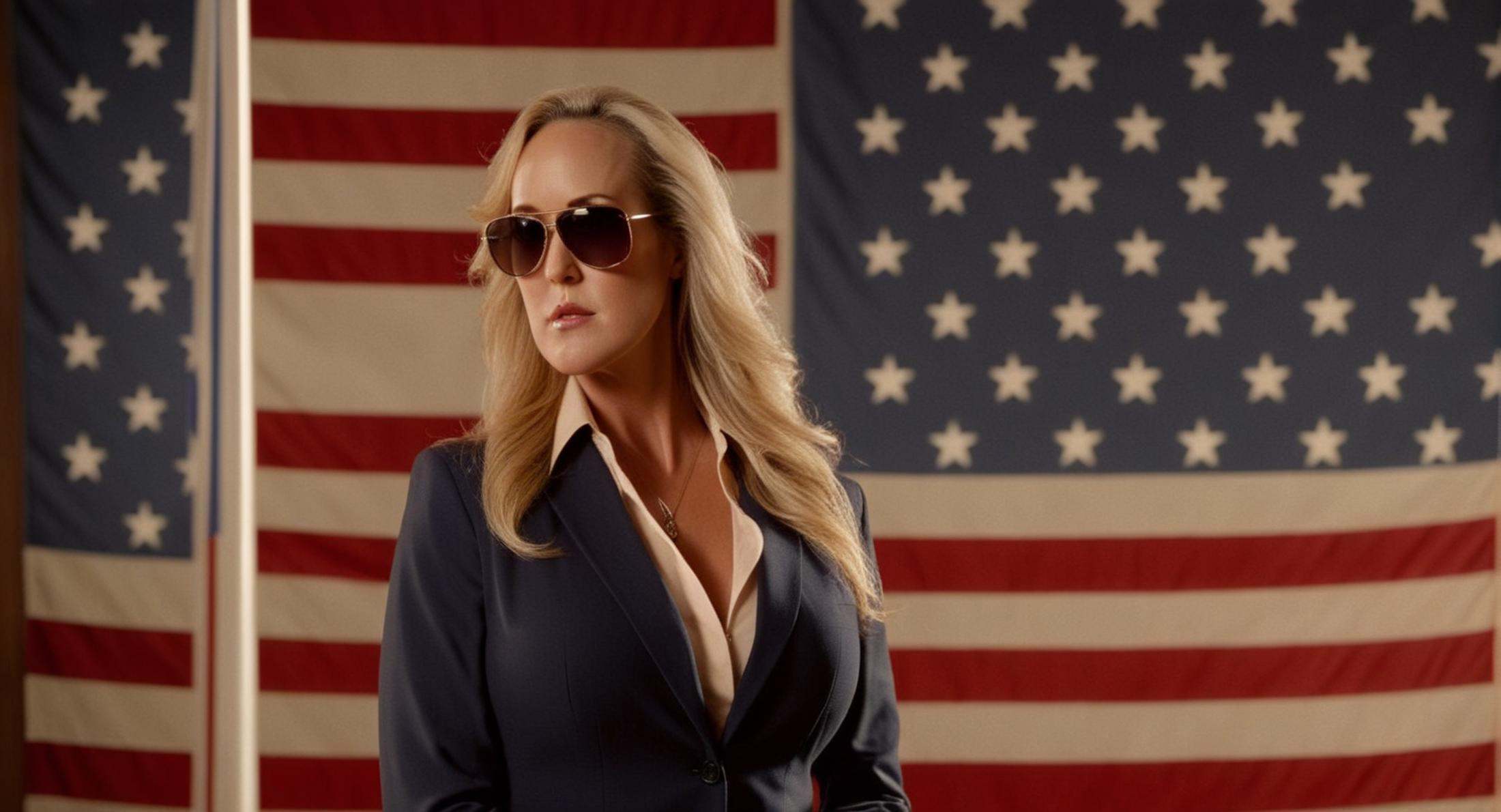 cinematic film still of brandi love in a tie and sunglasses standing in front of a flag cinematic vintage film style ,  sh...