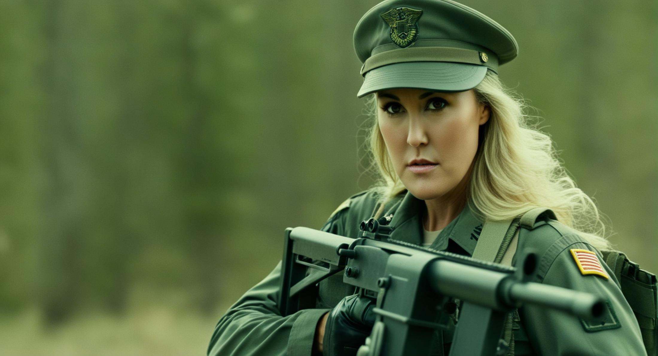 cinematic film still of brandi love in a military uniform holding a machine gun Cinematic Film Style ,  shallow depth of f...