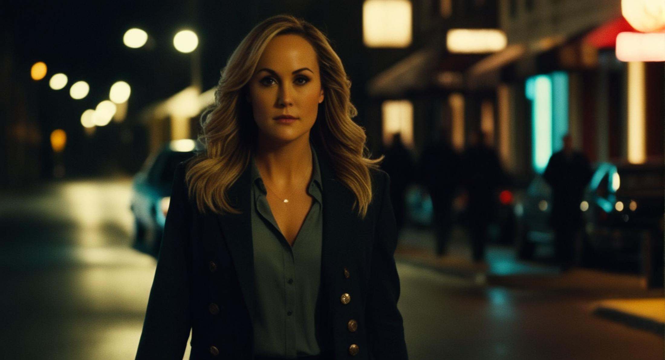 cinematic film still of brandi lovea walking down a street at night Cinematic Film Style ,  shallow depth of field,  vigne...