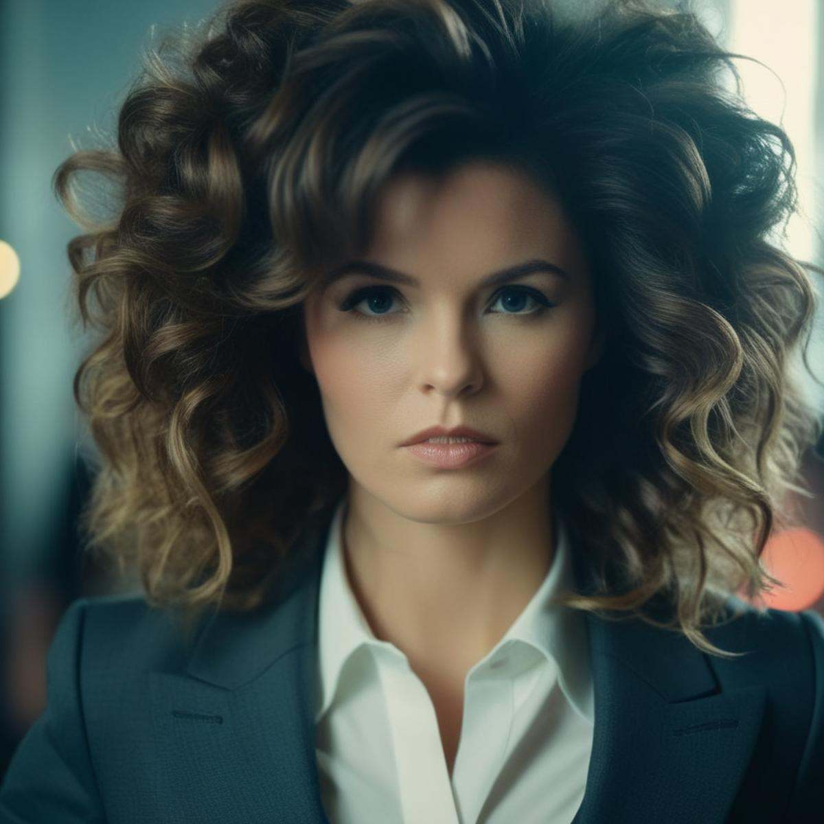 cinematic film still of a woman with a very large hairdo in a suit Cinematic Film Style,  shallow depth of field,  vignett...