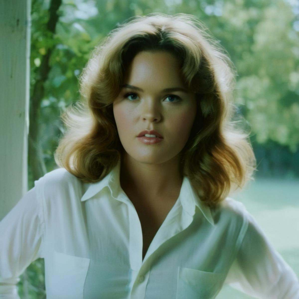 analog film photo of Krissy LynnPerfect Detailed Innocent Looking Epica woman in a white shirt is looking at the camera ci...