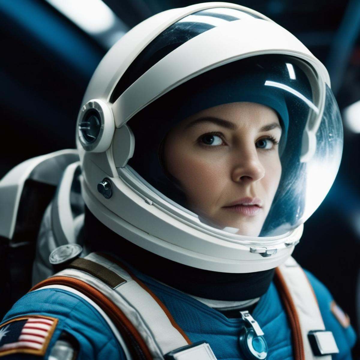 cinematic film still of a woman in a space suit and helmet Cinematic Film Style,  shallow depth of field,  vignette on Ten...