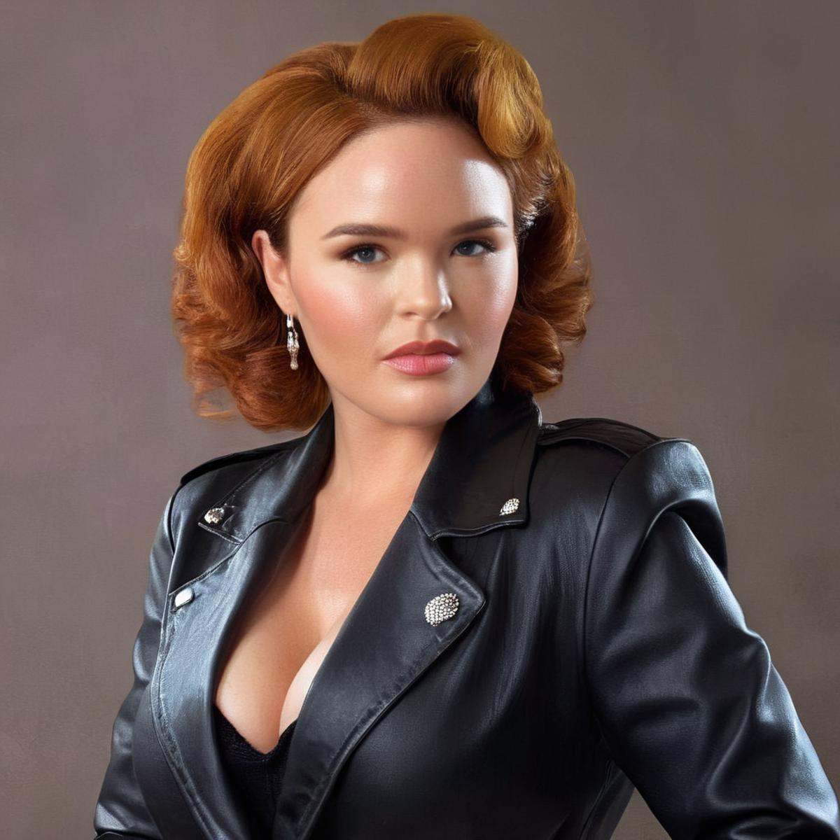 Hyperrealistic art of Krissy LynnPerfect Detailed Innocent Looking Epica woman with a black jacket and earrings retro styl...
