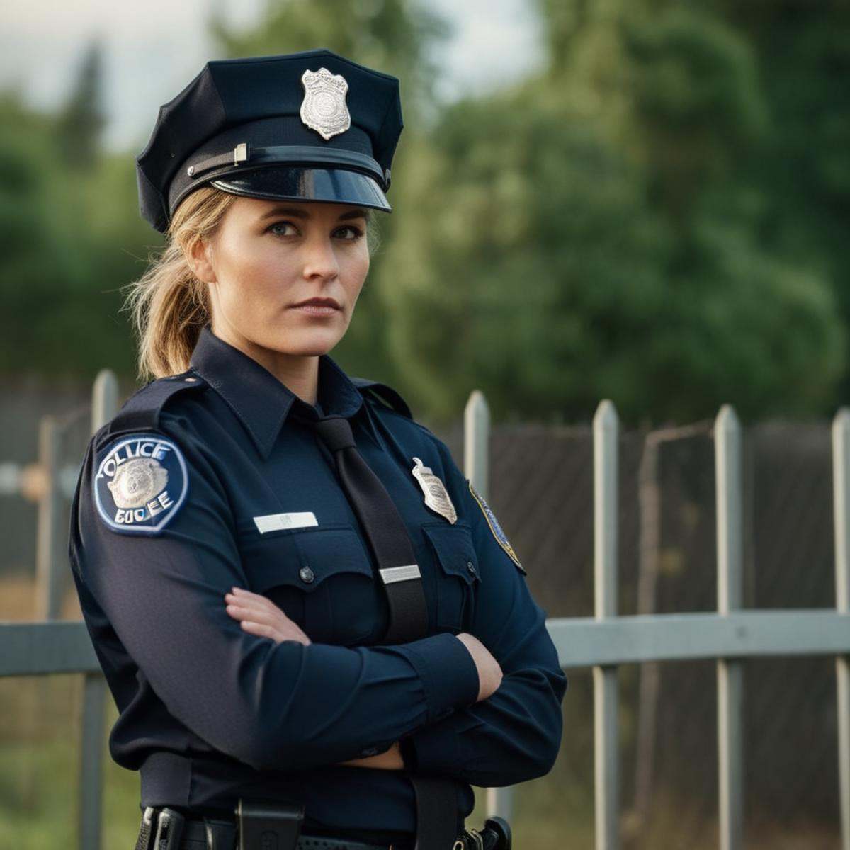 cinematic film still of a woman in a police uniform standing next to a fence Cinematic Film Style,  shallow depth of field...
