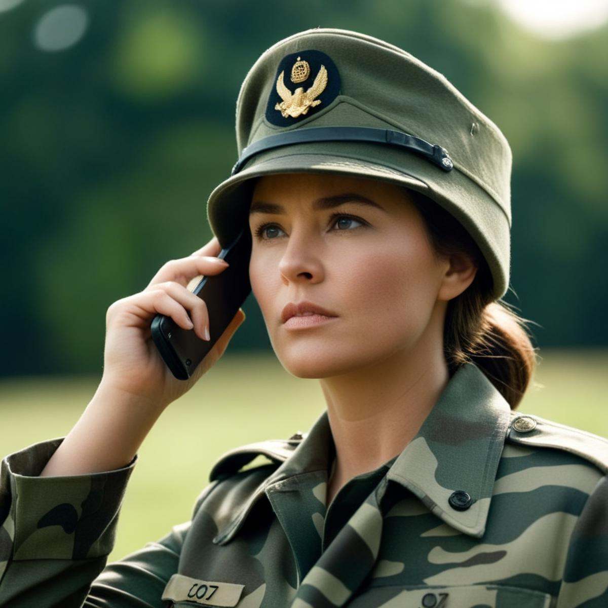 cinematic film still of a woman in a military uniform talking on a cell phone Cinematic Film Style,  shallow depth of fiel...