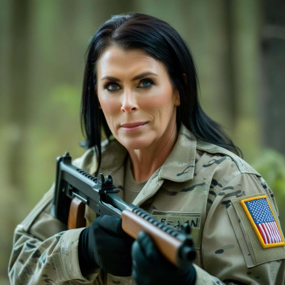 cinematic film still of Reagan Foxx a woman a soldier in camouflage holds a gun Cinematic Film Style,  shallow depth of fi...