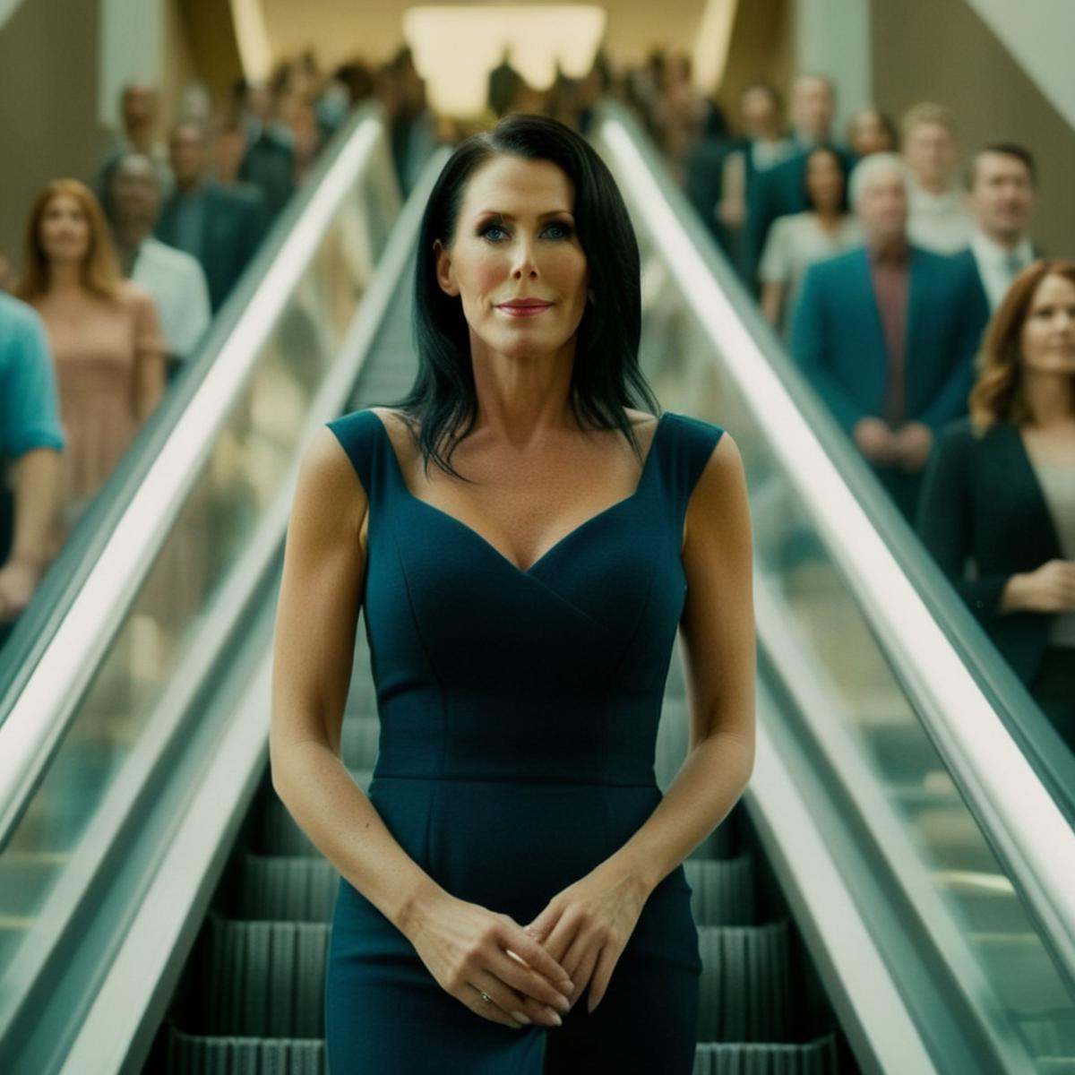 cinematic film still of Reagan Foxx a woman standing in an escalator with a crowd of people Cinematic Film Style,  shallow...