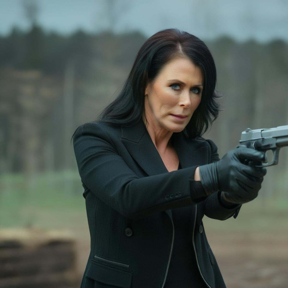 cinematic film still of Reagan Foxx a woman in a black jacket holding a gun Cinematic Film Style,  shallow depth of field,...