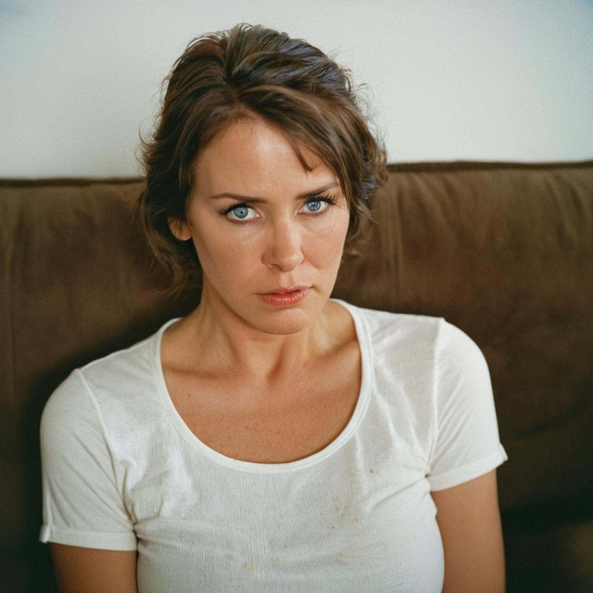 analog film photo of worried facial expression of a sad worried woman sitting on a couch holding her head,  movie themed,...