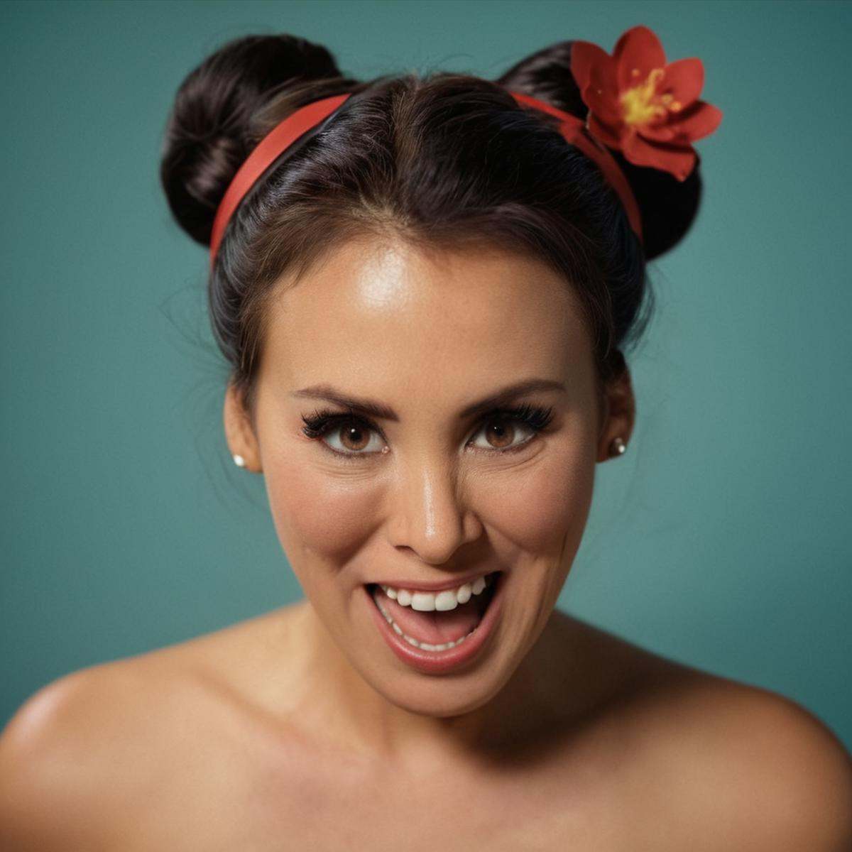 analog film photo of Reagan Foxxsmiling facial expression of a surprised girl with a flower in her hair,  movie themed,  s...