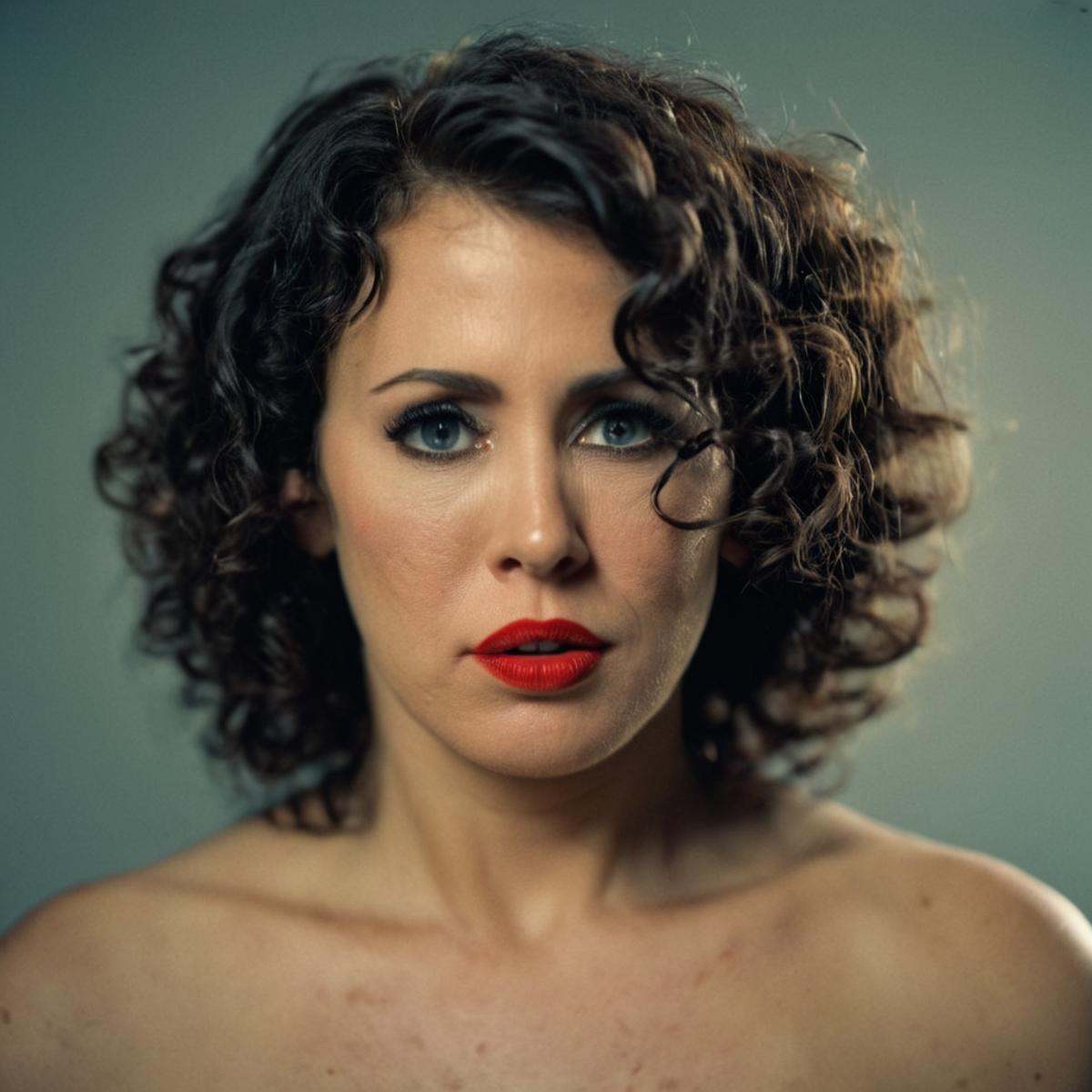 analog film photo of Reagan Foxxsad facial expression of a sad messy curly hair milf woman with a red lipstick looks off t...