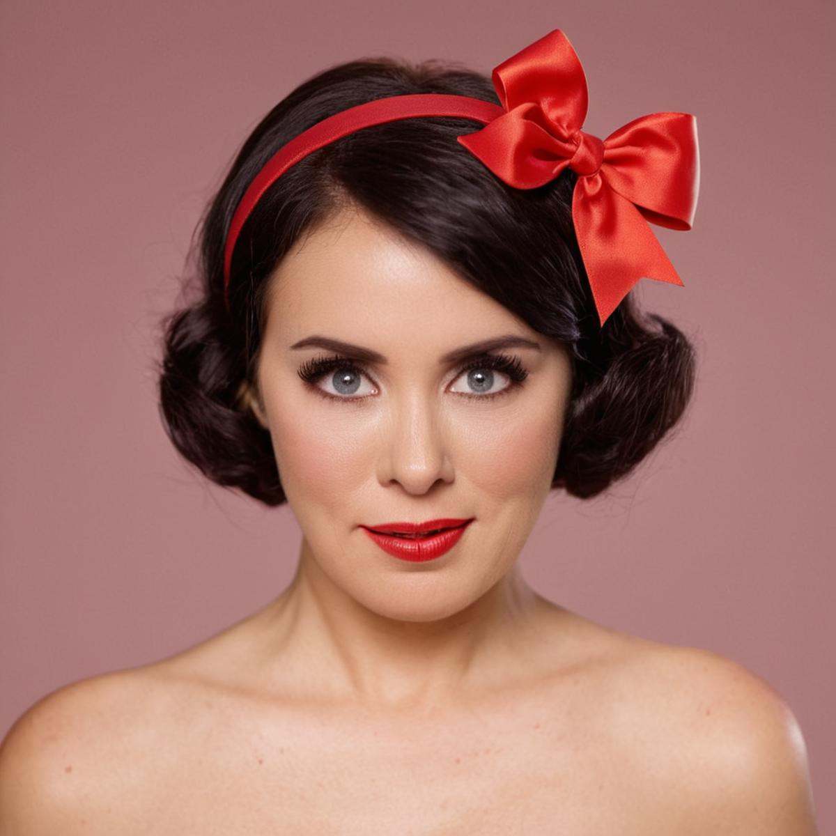analog film photo of Reagan Foxxsurprised facial expression of a surprised cartoon snow white with a red bow,  movie theme...