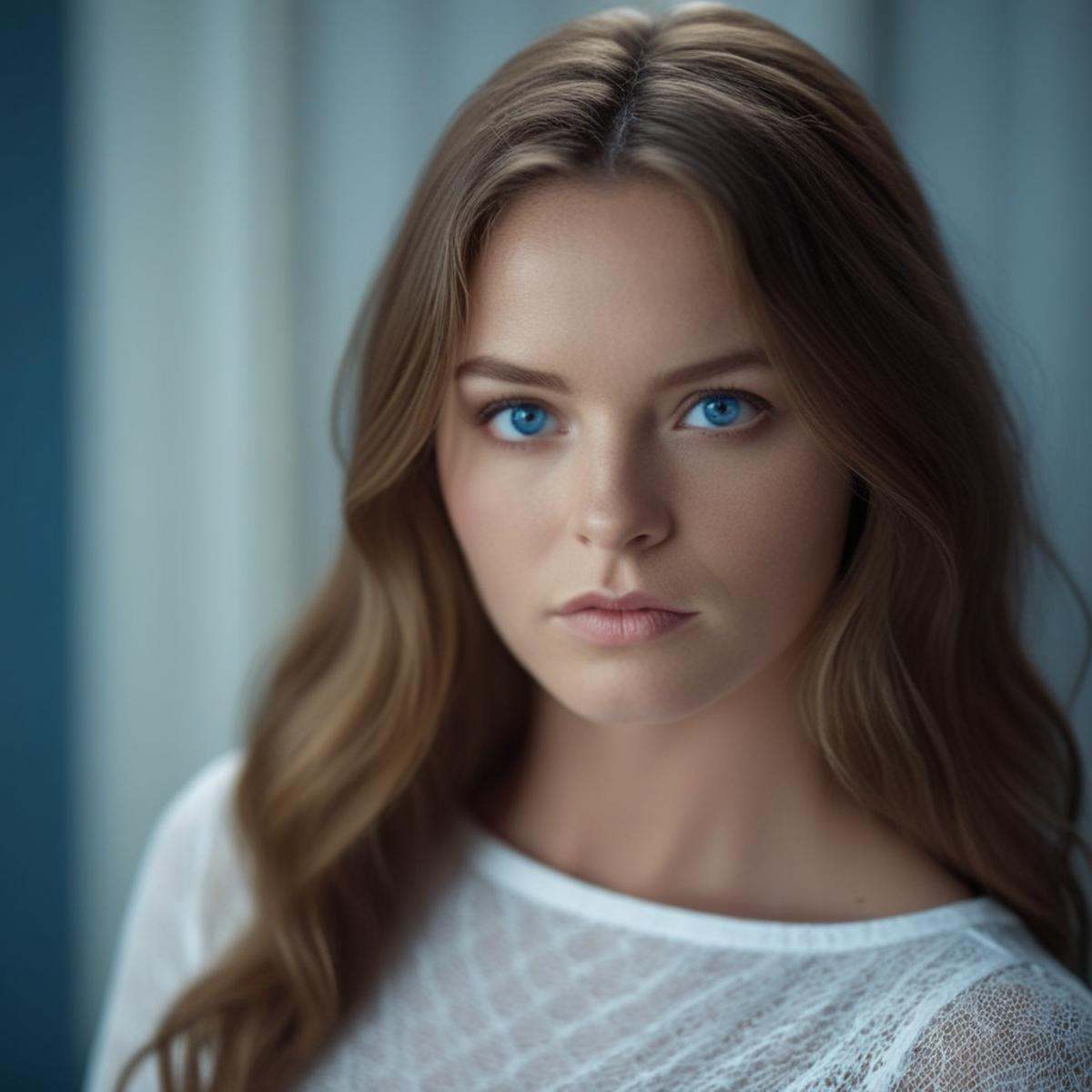 cinematic film still of a woman with blue eyes and a white top Cinematic Film Style,  shallow depth of field,  vignette on...