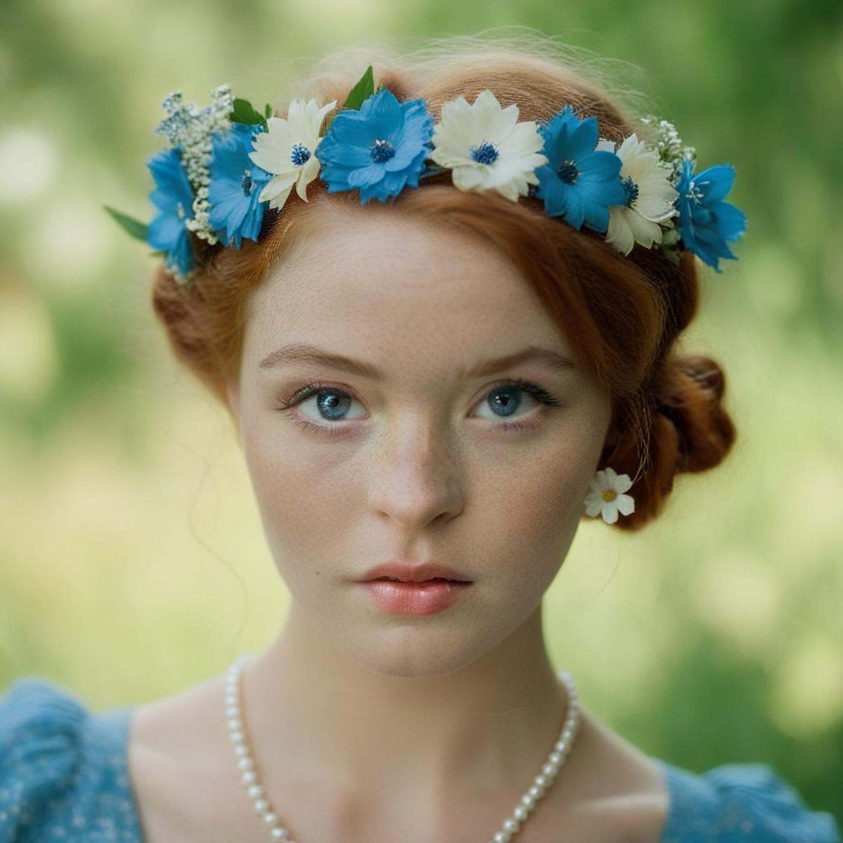 cinematic film still of (blue_eyes) a woman with a flower in her hair and freckles on hair face and body retro style,  sha...