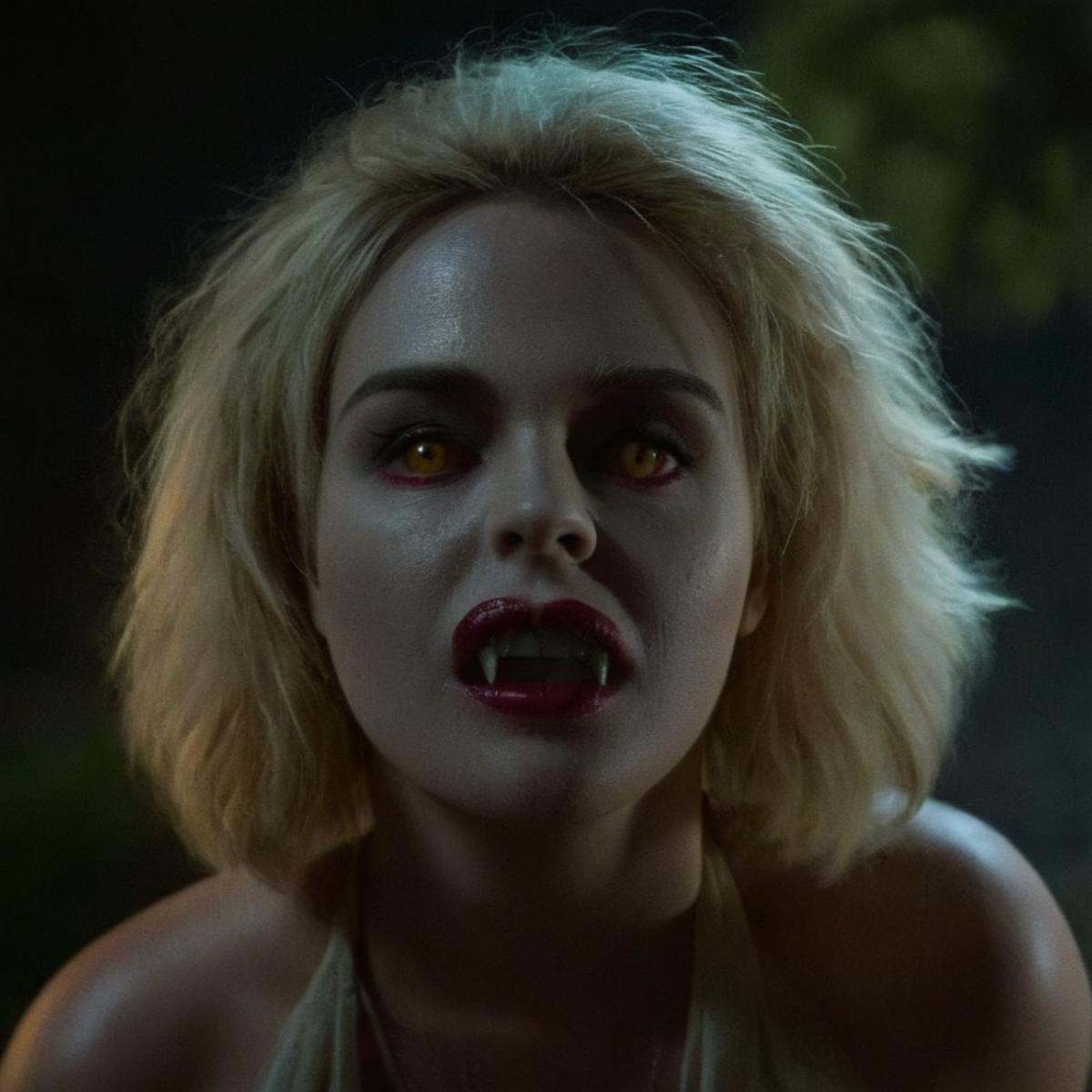 Dark Fantasy Art of Krissy LynnA pale skin white woman with vampire teeth staring at camera with reflective eyes and golde...