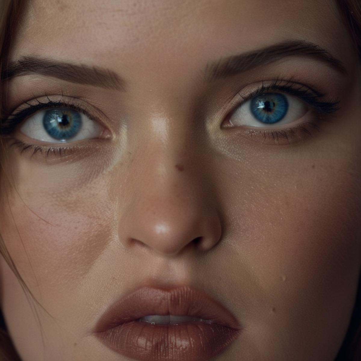 cinematic film still of (blue_eyes)Krissy Lynn a freckles woman with big naked breasts and carol lips,  shallow depth of f...