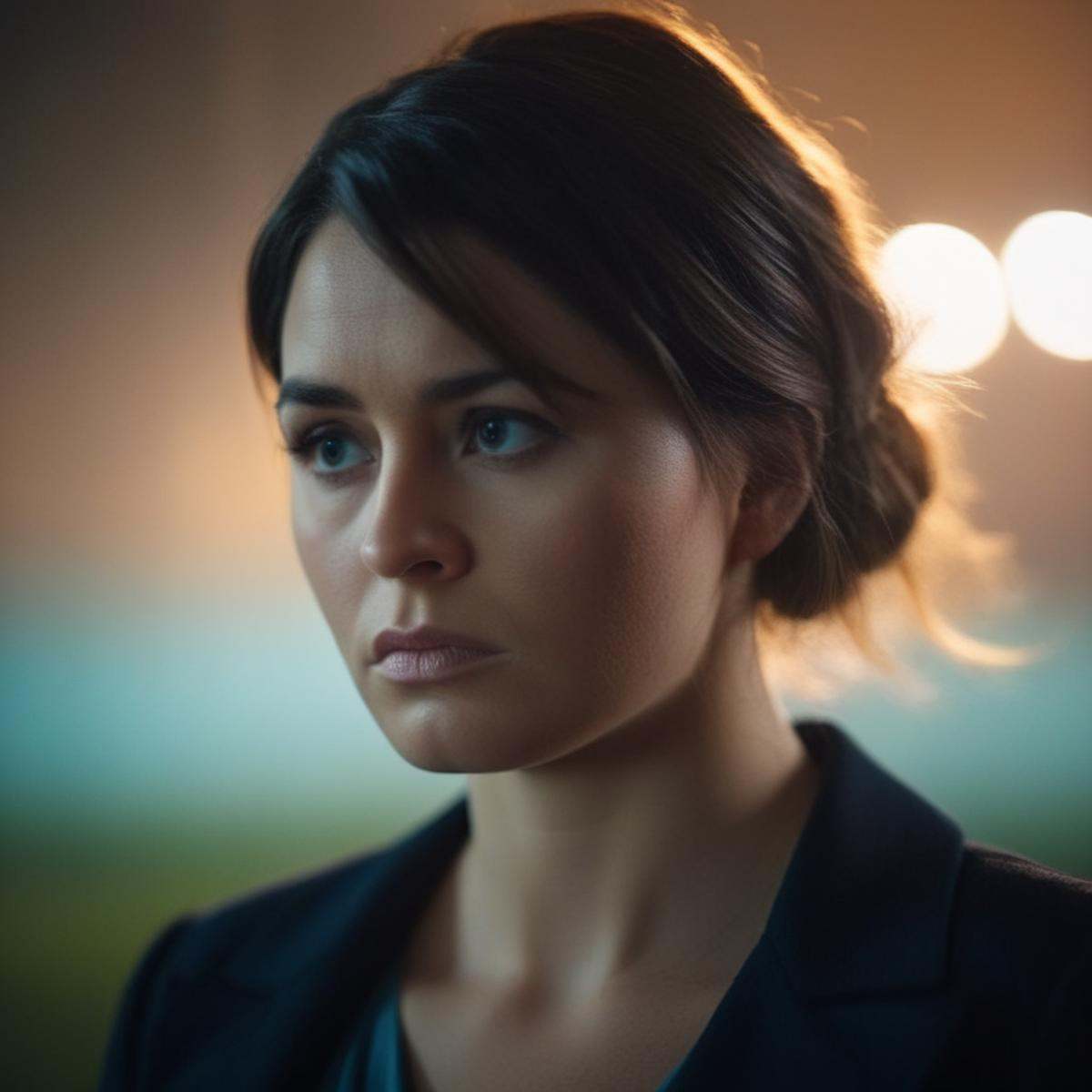 cinematic film still of a woman with a sad look on her face Cinematic Film Style,  shallow depth of field,  vignette on Te...