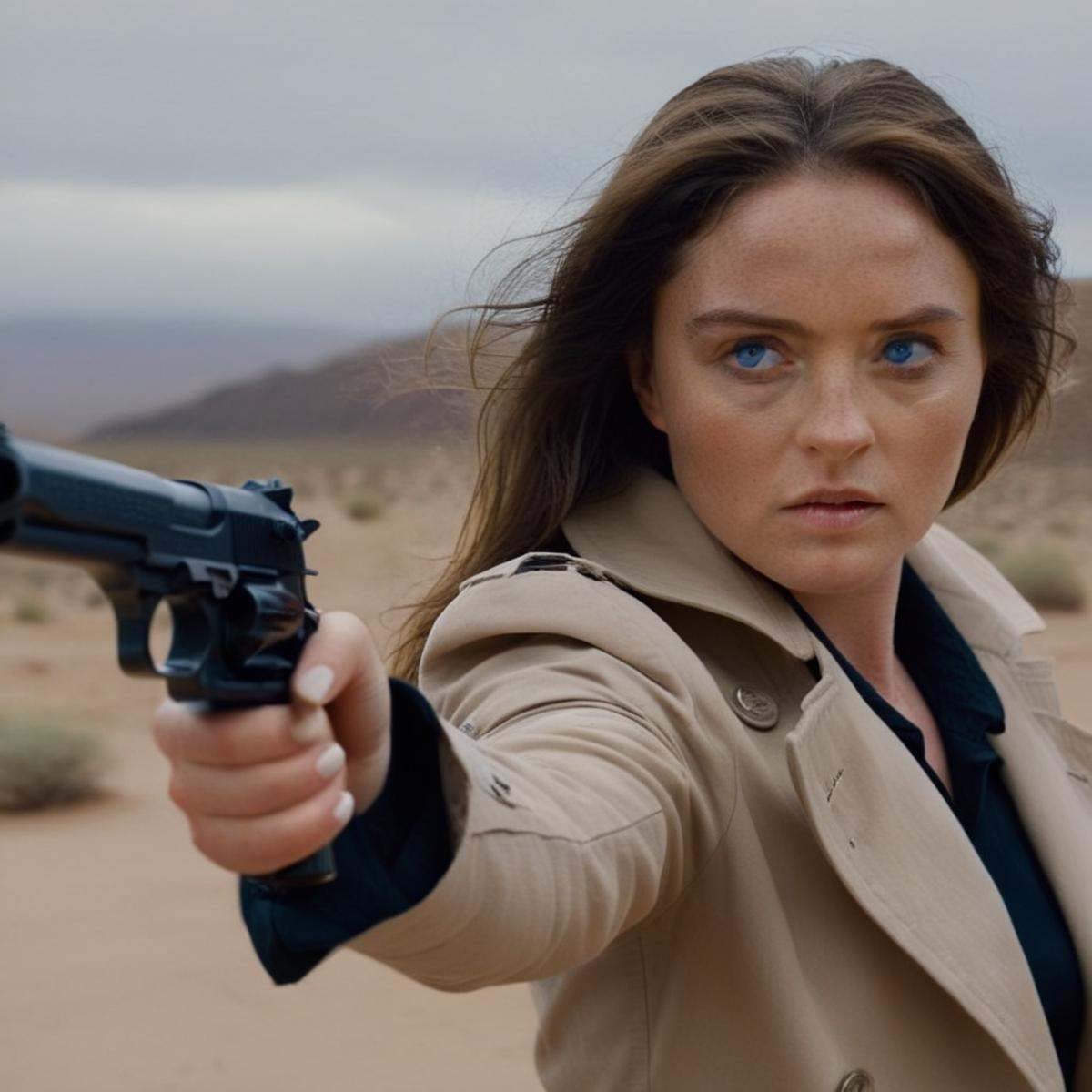 cinematic film still of (blue_eyes) a woman in a trench coat aiming a desert eagle gun Cinematic Film Style ,  shallow dep...