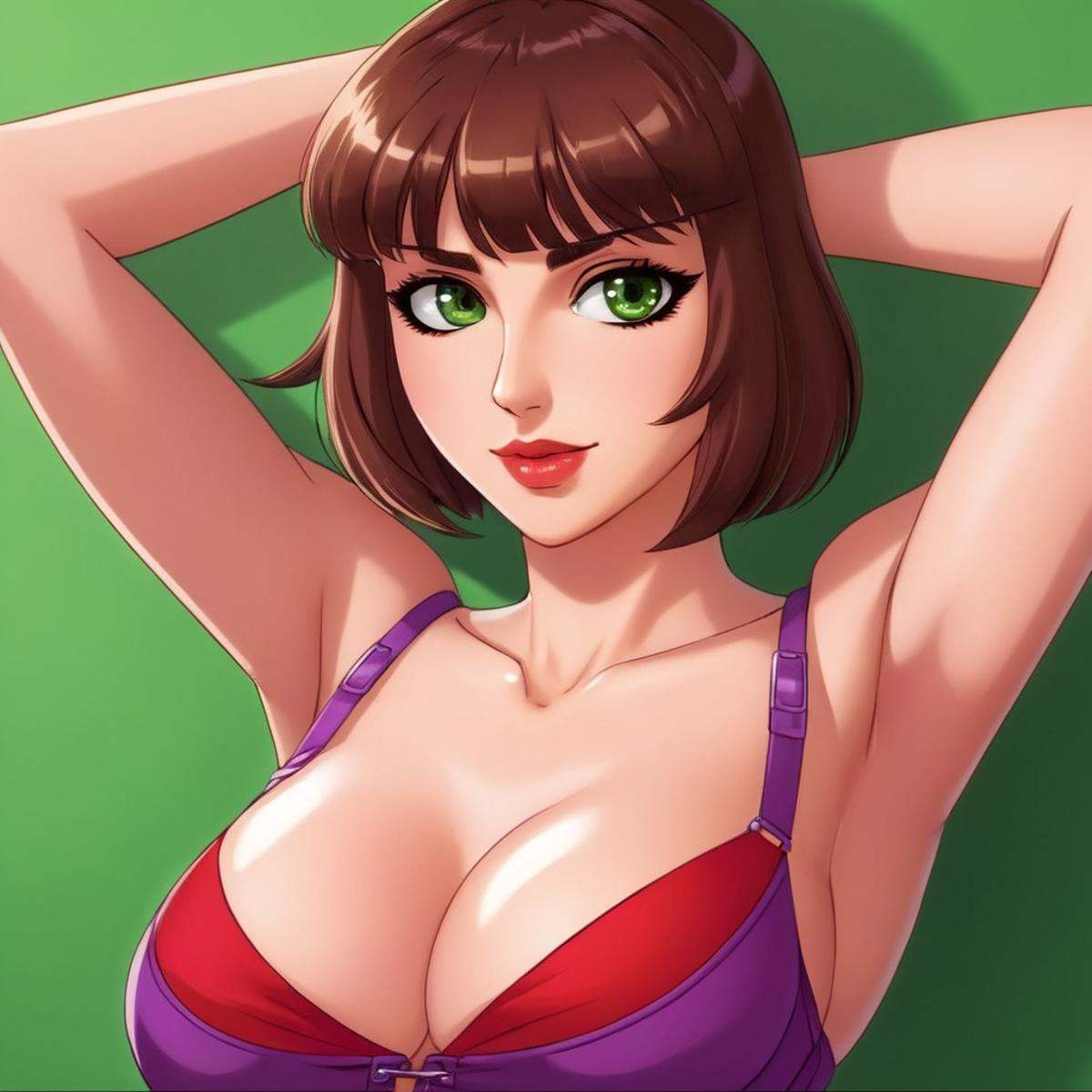 anime artwork of Marie Claude Bourbonnais a cartoon Green_Eyes Short_Brown_Hair Red_Lips woman with a purple bra top ,  an...