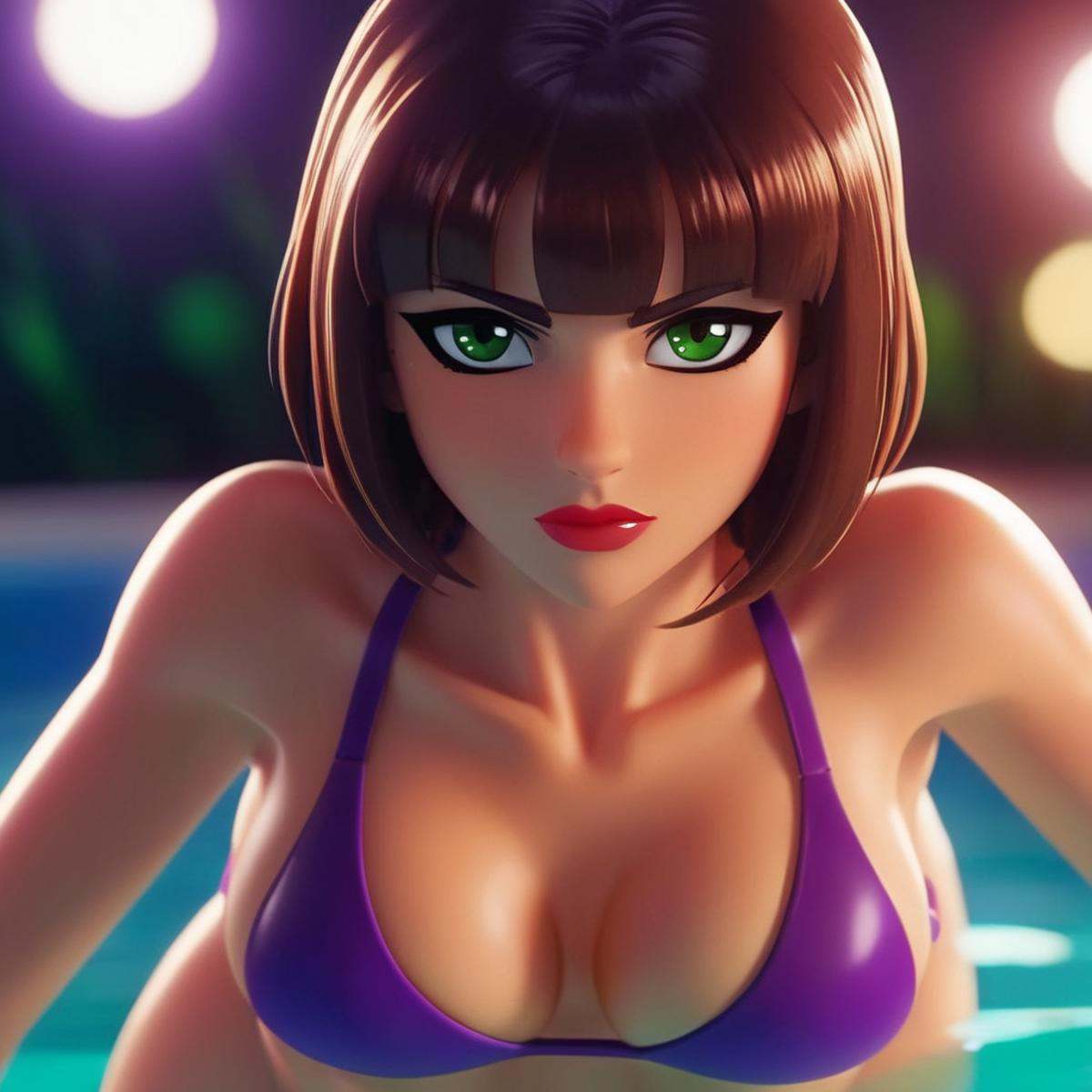 cinematic film still of Marie Claude Bourbonnais a cartoon Green_Eyes Short_Brown_Hair Red_Lips woman in a purple bikini t...