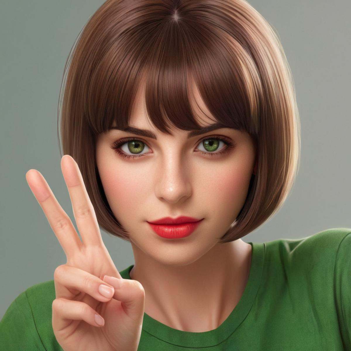 Hyperrealistic art of Marie Claude Bourbonnais a cartoon Green_Eyes Short_Brown_Hair Red_Lips woman with a peace sign in h...
