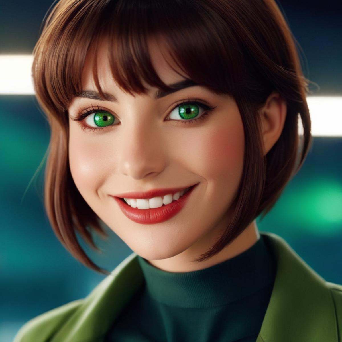 cinematic film still of Marie Claude Bourbonnais a Green_Eyes Short_Brown_Hair Red_Lips woman with a big smile on her face...