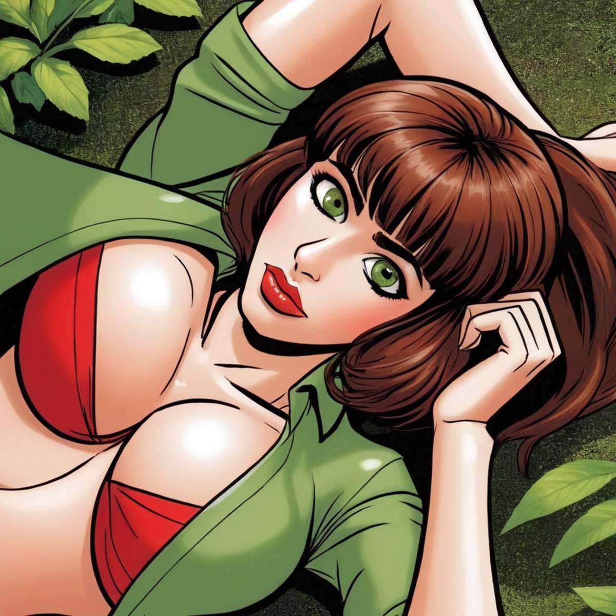 comic book art of Marie Claude Bourbonnais a Green_Eyes Short_Brown_Hair Red_Lips cartoon woman laying on the ground with...