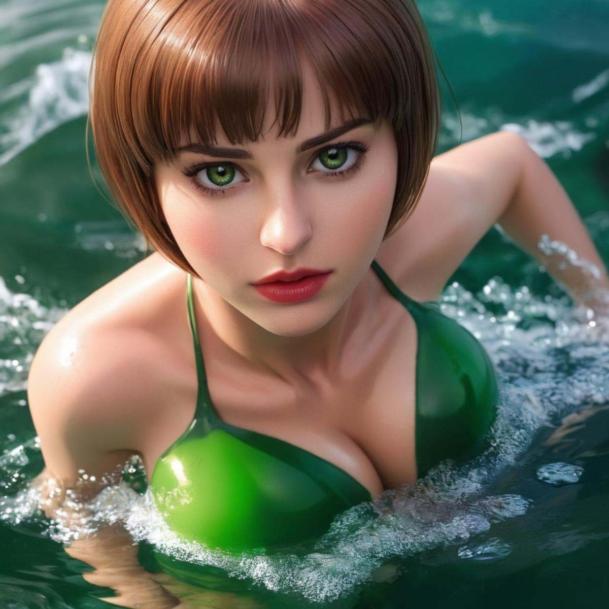 Hyperrealistic art of Marie Claude Bourbonnais a cartoon Green_Eyes Short_Brown_Hair Red_Lips naked woman with big breasts...
