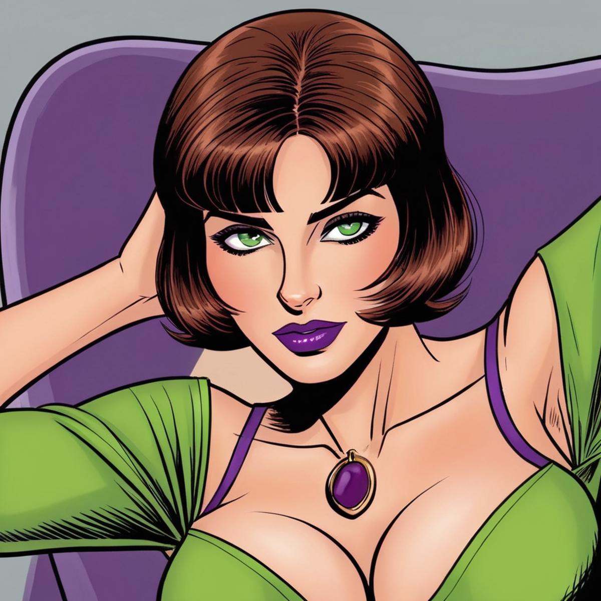 comic book art of Marie Claude Bourbonnais a Green_Eyes Short_Brown_Hair Red_Lips woman with a purple bra top ,  comic art...