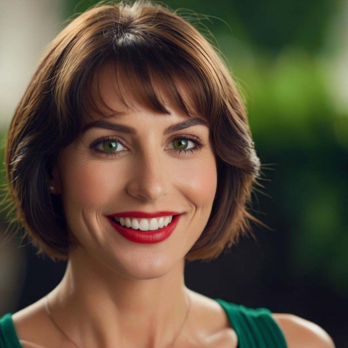 cinematic film still of Marie Claude Bourbonnais a Green_Eyes Short_Brown_Hair Red_Lips woman with a big smile on her face...