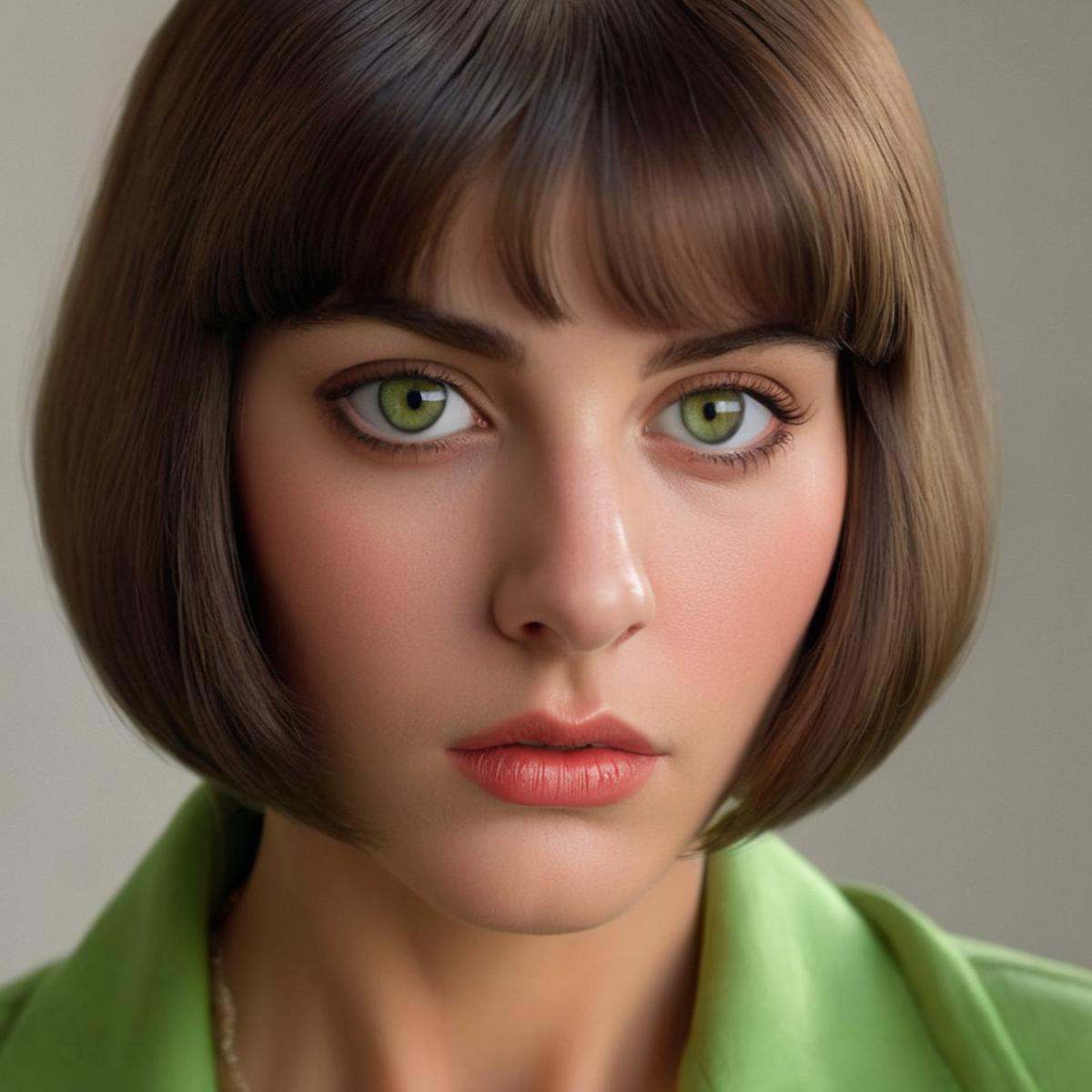 Hyperrealistic art of Marie John North a full wide shot of a 1970's green eyes woman with a Pageboy hair cut and a cute fa...
