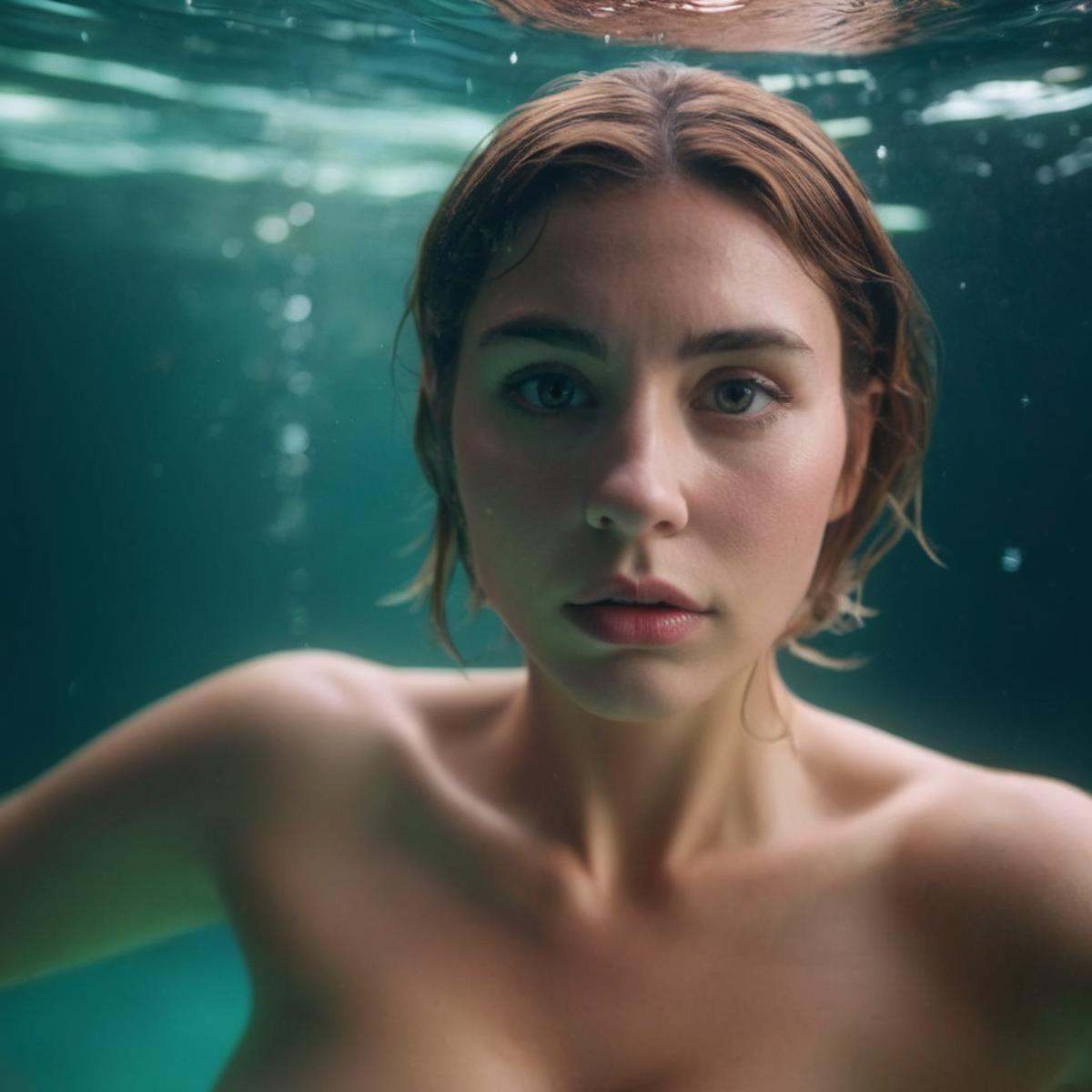 cinematic film still of Marie John North a wide low angle full face and body shot of a naked messy brown hair woman with b...