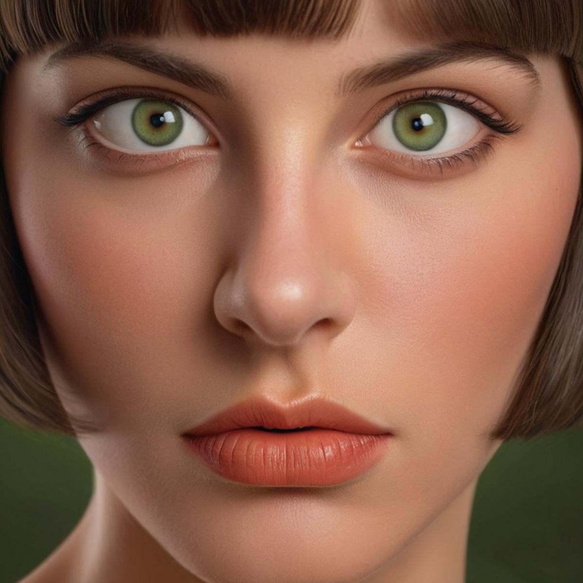 Hyperrealistic art of Marie John North a full wide face and body shot of a 1970's green eyes woman with a Pageboy hair cut...