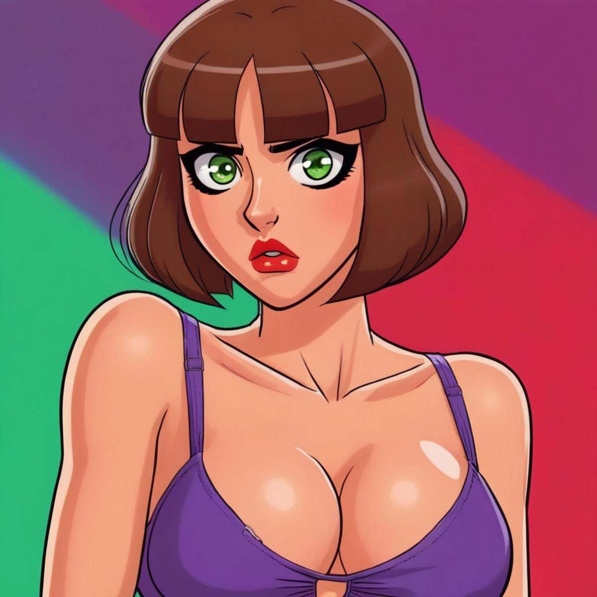 anime artwork of Marie John North a medium shot of a 1970's cartoon woman with a brown Pageboy hair cut and a purple bra t...