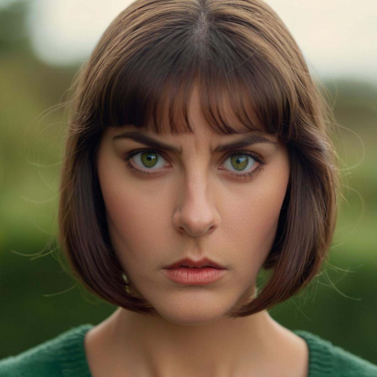 cinematic film still of Marie John North a medium shot of a 1970's green eyes woman with a brown Pageboy hair cut with a s...