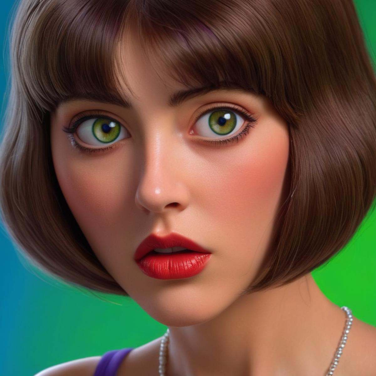 Hyperrealistic art of Marie John North a medium shot of a 1970's cartoon woman with a brown Pageboy hair cut and a purple...