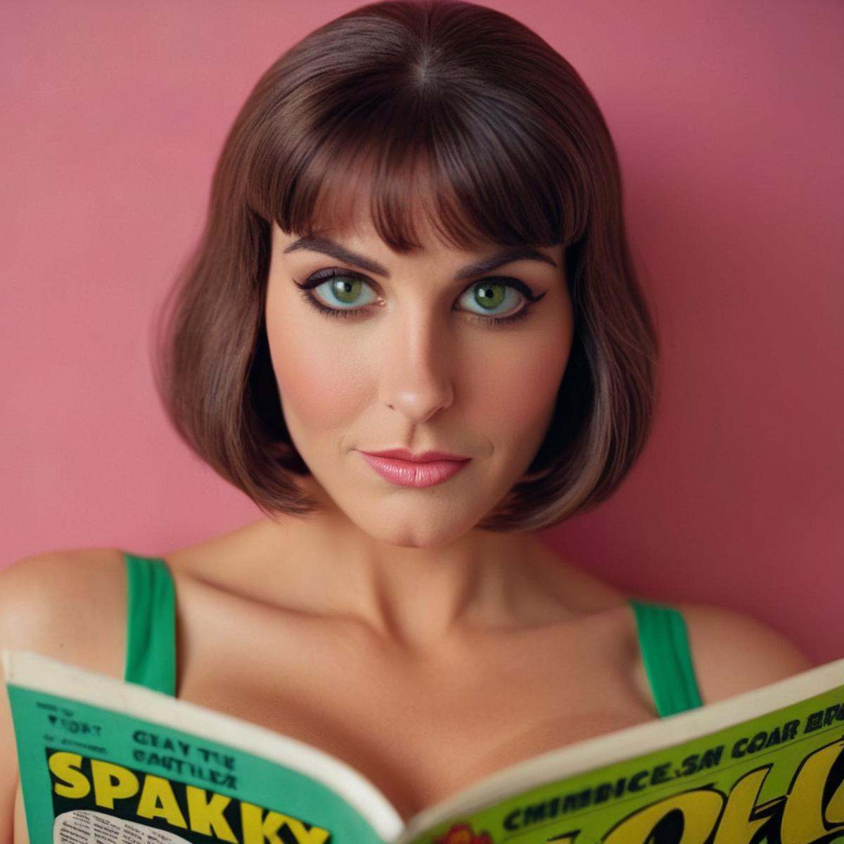 cinematic film still of Marie John North a wide angle full face and body shot of a 1970's green eyes woman with a brown Pa...