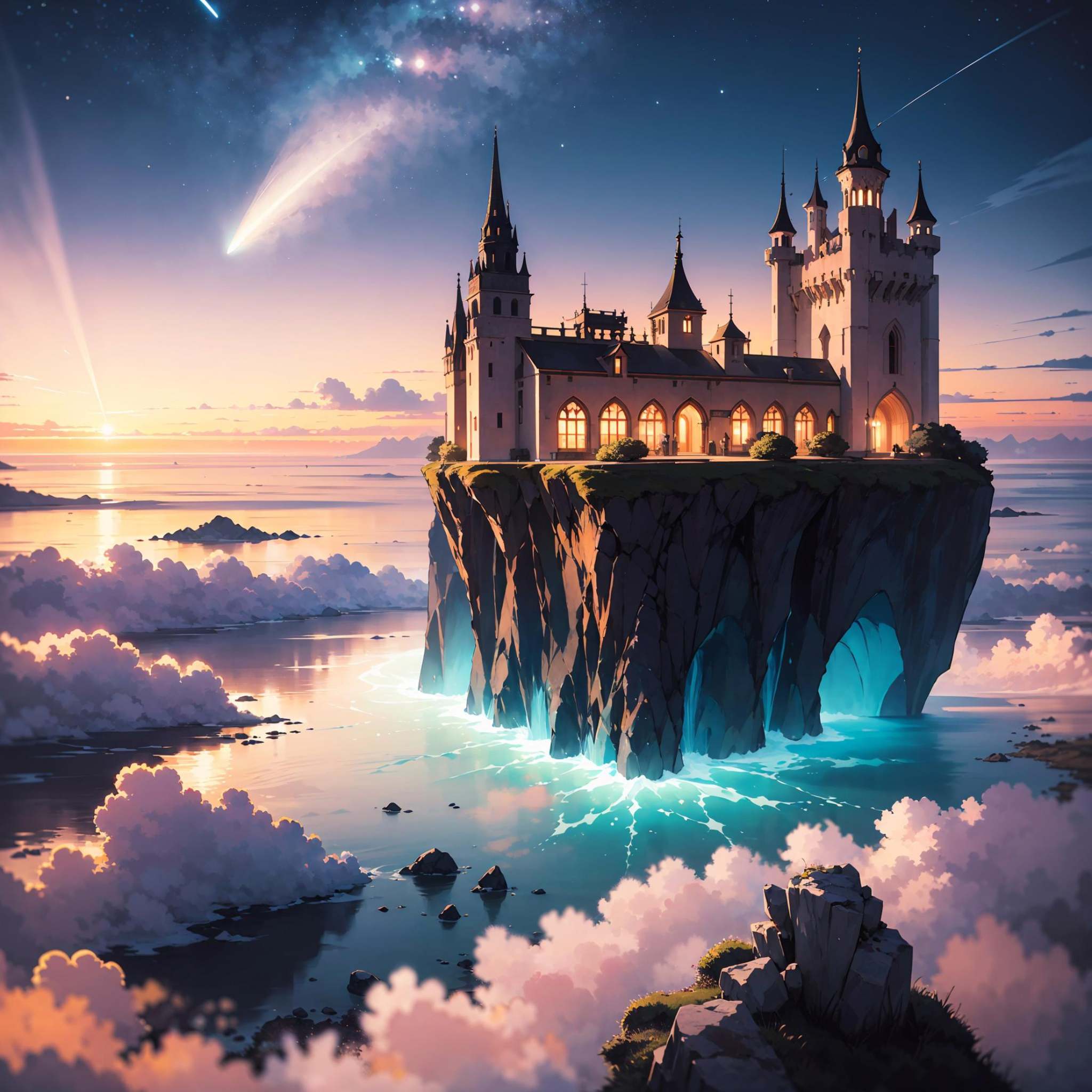 Divine Sanctuary: Haven Above the CloudsPerched atop a colossal floating rock,  the "Divine Sanctuary" gleams under the tw...