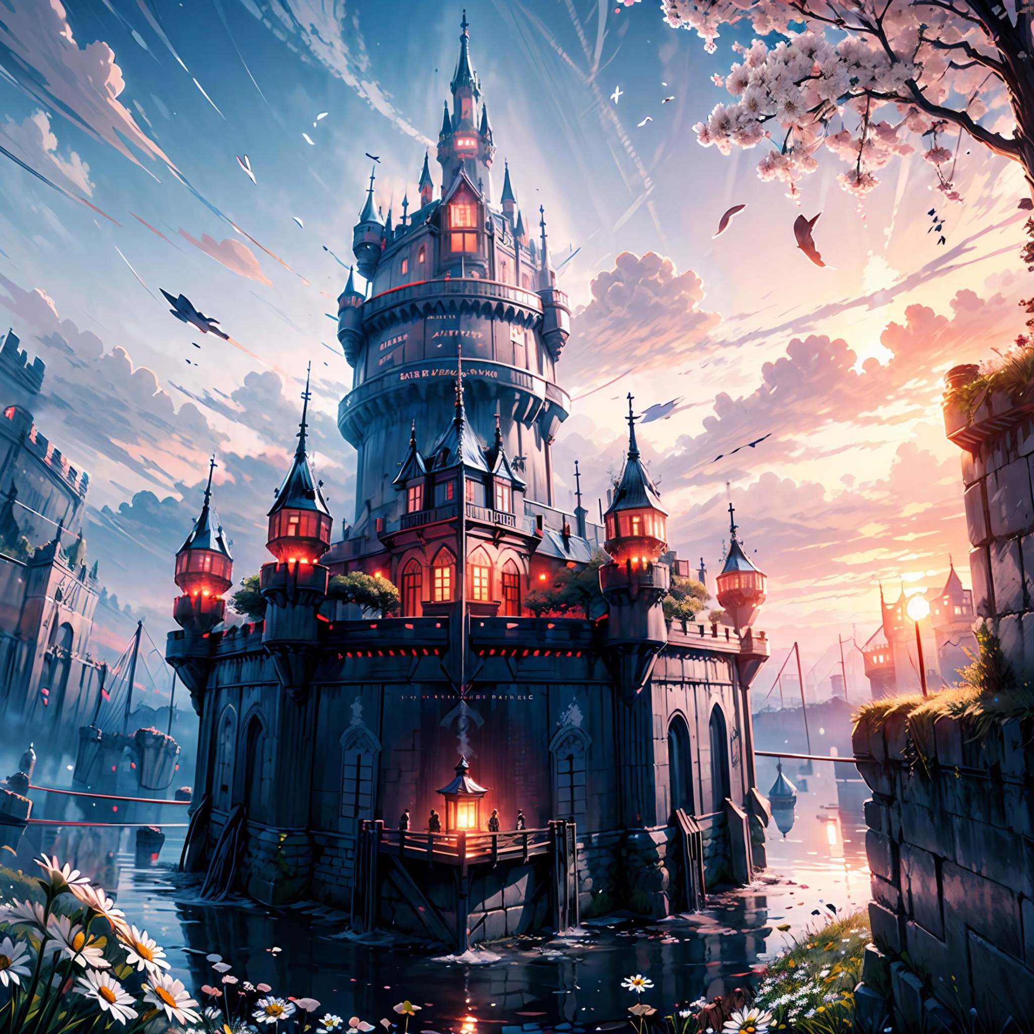 large castle,  sunset ,  sakura trees in the background on Tensor.Art