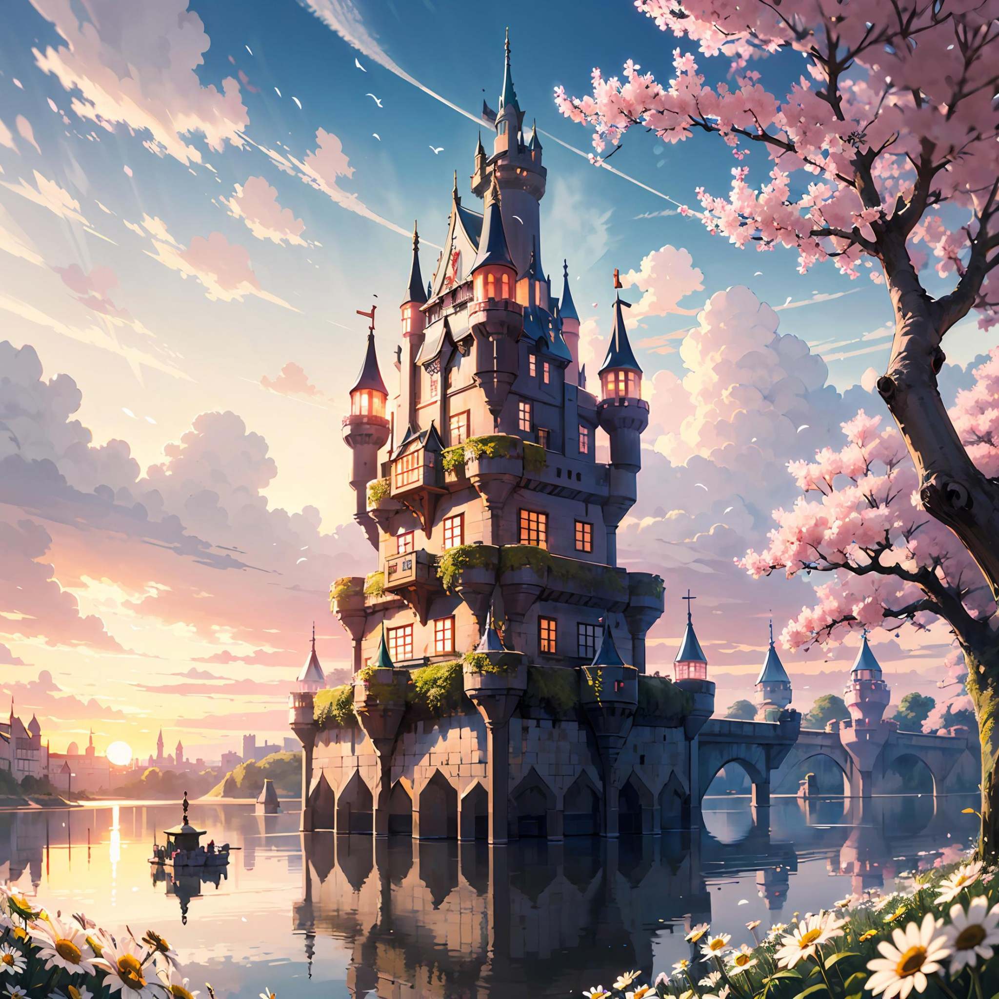 large castle,  sunset ,  sakura trees in the background on Tensor.Art