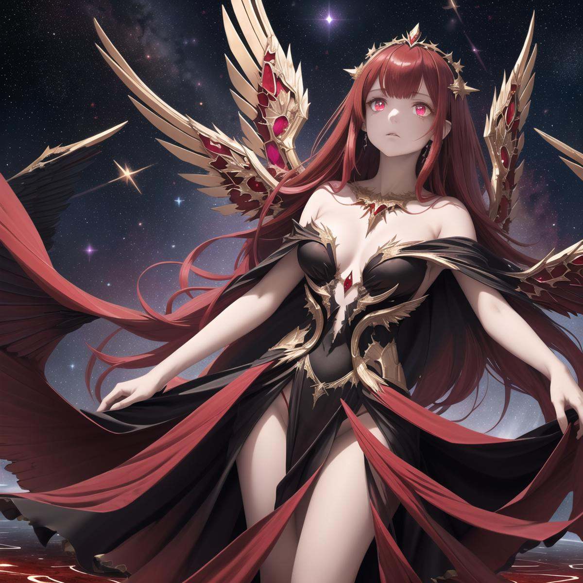 An unreal space where stars spin in the air. A goddess of death,  ruby gemstone eyes,  empty expression on Tensor.Art