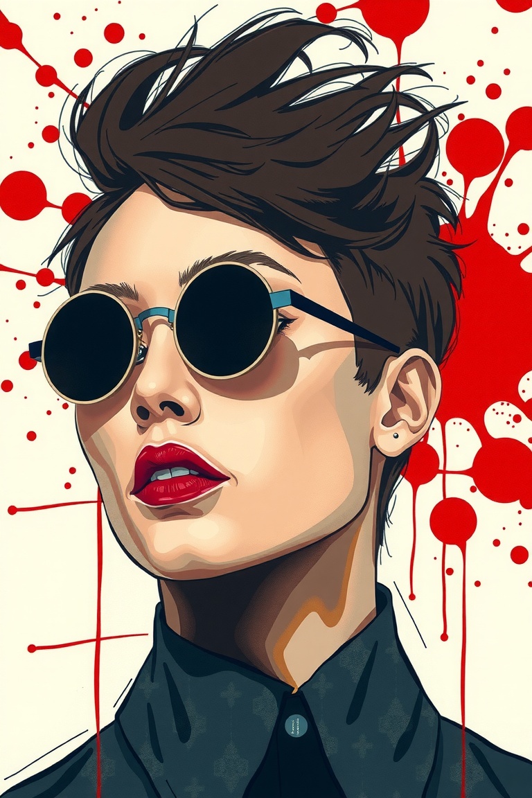 The image presented is a stylized portrait of a person. The individual appears to be wearing round sunglasses with a refle...
