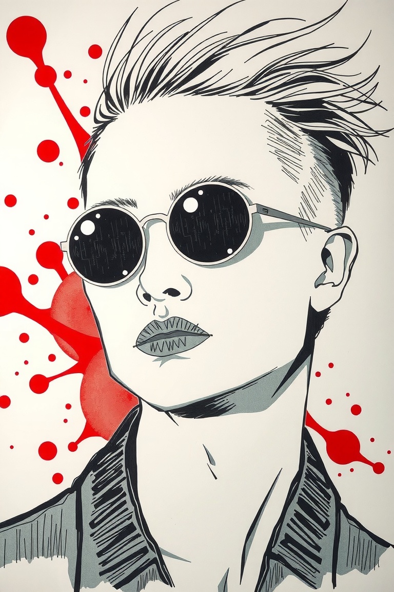 The image presented is a stylized portrait of a person. The individual appears to be wearing round sunglasses with a refle...