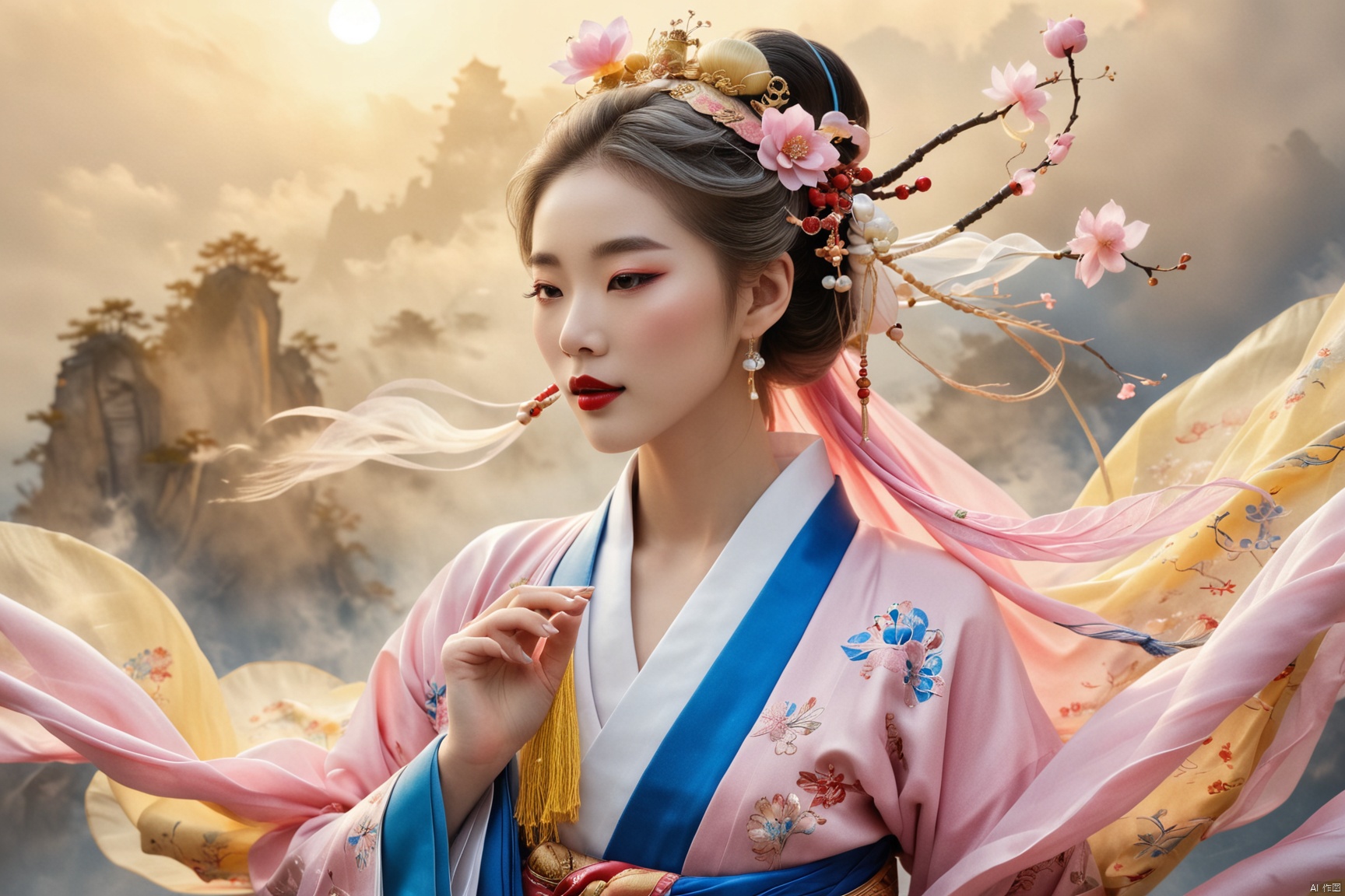 The image depicts a person who appears to be dressed in a traditional East Asian garment, possibly a hanfu, which is characterized by its flowing fabric and distinctive style. The colors of the garment are soft and pastel, with hints of pink, yellow, and blue that match the ethereal hair accessories. The person's makeup is subtle yet elegant, with red lipstick adding a pop of color. The background is blurred with hues of blue and white, suggesting a cloudy sky or perhaps smoke, which adds to the dreamlike quality of the image. The overall impression is one of serene beauty and cultural heritage.
