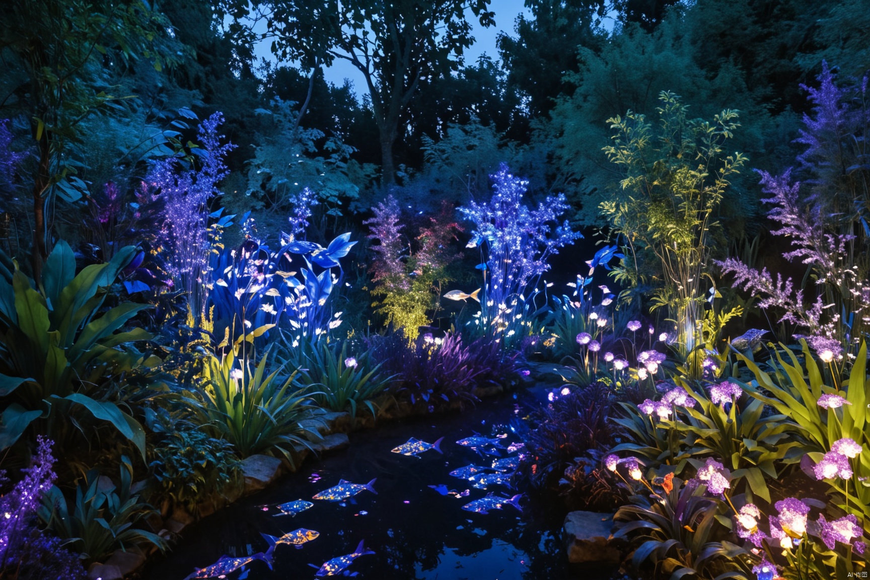 The image depicts an immersive, possibly interactive, nighttime garden scene. The garden is illuminated with a blend of purple and blue lights, creating a vibrant atmosphere that contrasts with the darkness. The pathway is adorned with light projections that resemble fish swimming, adding a dynamic element to the static surroundings. The vegetation is dense and lush, suggesting a well-maintained and possibly artificially enhanced environment. The presence of artificial lighting and projected images indicates that this garden is designed for visual impact and likely serves as an attraction or exhibit. There is no visible human activity, which might imply that the image was taken during a period of low visitation or at a time when the garden is closed to the public. The overall impression is one of a serene and enchanting space, intended for contemplation and enjoyment.