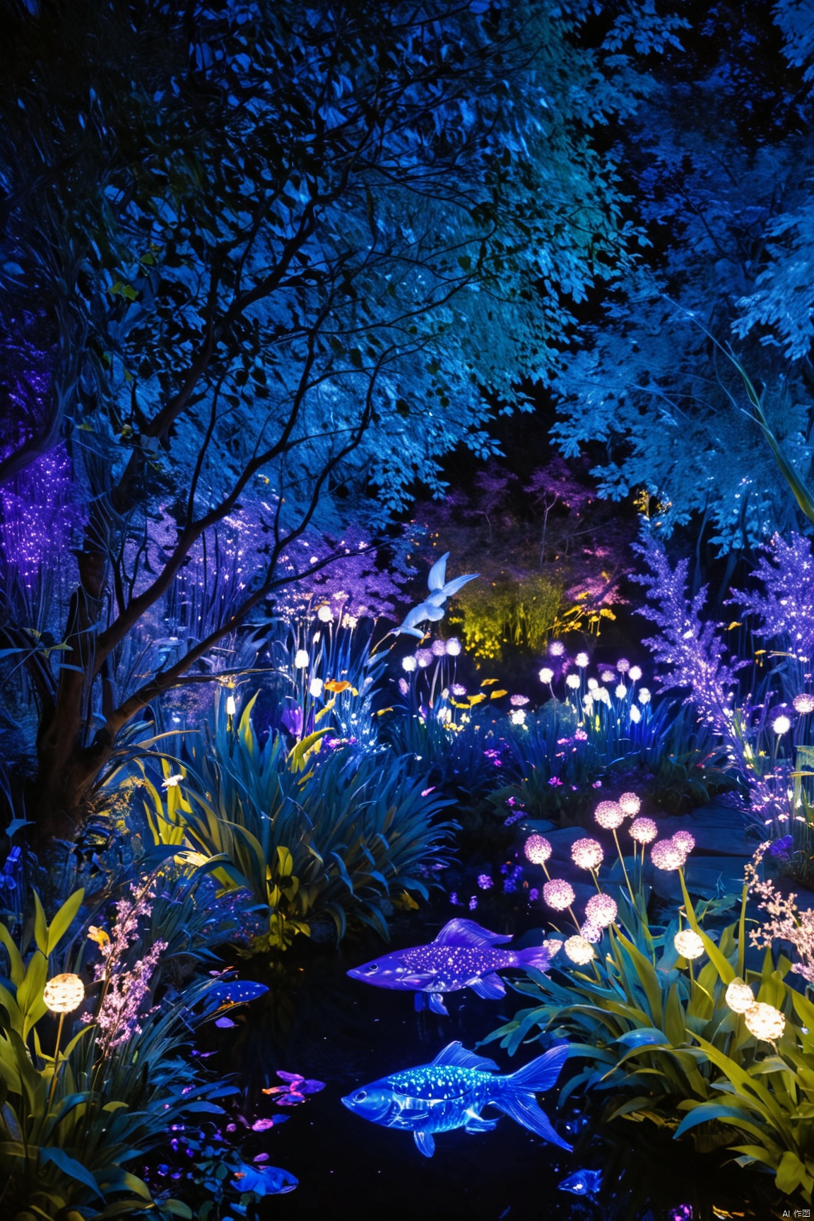 The image depicts an immersive, possibly interactive, nighttime garden scene. The garden is illuminated with a blend of purple and blue lights, creating a vibrant atmosphere that contrasts with the darkness. The pathway is adorned with light projections that resemble fish swimming, adding a dynamic element to the static surroundings. The vegetation is dense and lush, suggesting a well-maintained and possibly artificially enhanced environment. The presence of artificial lighting and projected images indicates that this garden is designed for visual impact and likely serves as an attraction or exhibit. There is no visible human activity, which might imply that the image was taken during a period of low visitation or at a time when the garden is closed to the public. The overall impression is one of a serene and enchanting space, intended for contemplation and enjoyment.