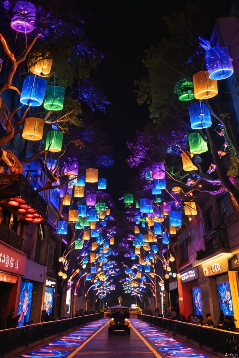 A masterpiece of urban and natural harmony: a city's nocturnal architecture transforms into a vibrant canvas as colorful lights dance across its facade. The lights illuminate the road with a fantastic effect, like a dream,YT