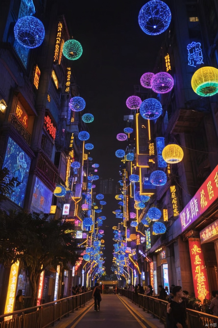 亮化工程,A masterpiece of urban and natural harmony: a city's nocturnal architecture transforms into a vibrant canvas as colorful lights dance across its facade. The lights illuminate the road with a fantastic effect, like a dream,YT