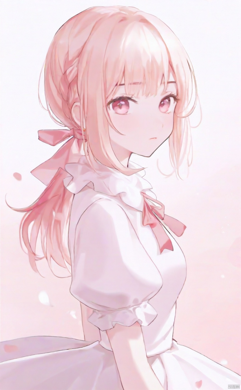 The image features an animated character with a youthful and innocent appearance. She has blonde hair tied up in a ponytail with a pink ribbon, and her eyes are a striking shade of pink, suggesting a stylized or magical element to her design. The character is wearing a white dress with a ruffled collar, which adds to the delicate and feminine aesthetic of the illustration. The background is minimalistic, using soft shades of pink and white, which do not detract from the main subject. There is no indication of movement or action; instead, the character's pose and expression convey a sense of quiet contemplation or shyness.