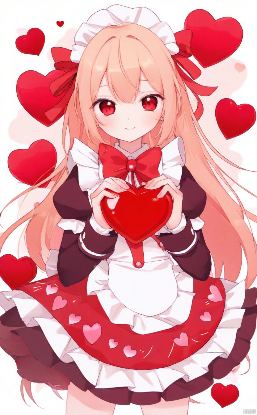 The image is an artistic portrayal of a character that seems to be inspired by Japanese anime and manga styles. The character's features, such as the large eyes, stylized hair, and the presence of a bow, are characteristic of this genre. The use of red hearts and the heart-shaped object held by the character suggests themes of love or affection. The overall color scheme and the character's attire contribute to a playful and endearing aesthetic. There is no indication of gender or race as the subject is a stylized representation rather than a real person.